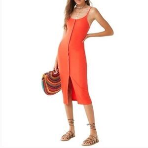 Forever 21 Ribbed Button Front Midi Dress Red Orange Size Small